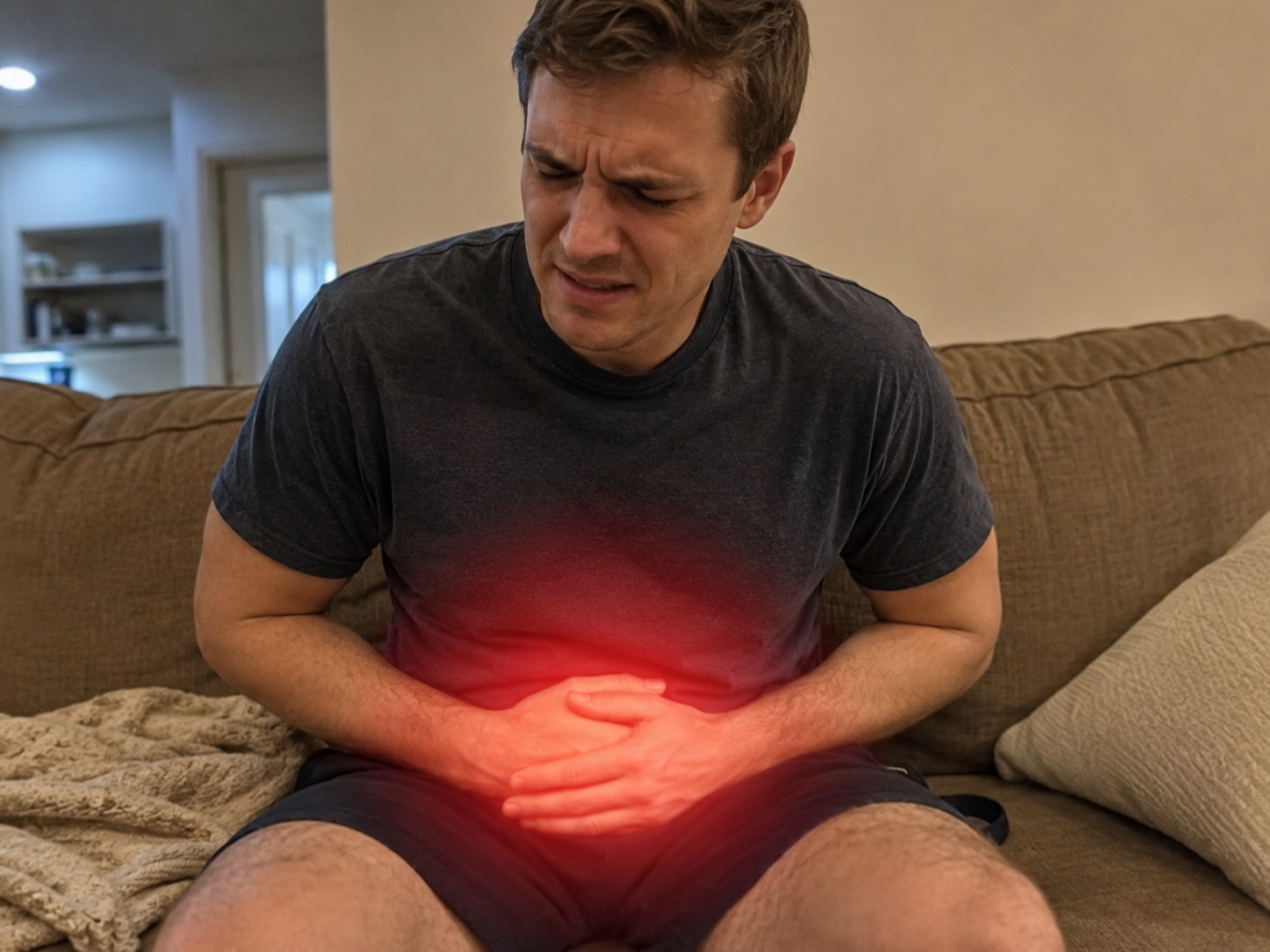 Person holding stomach in visible discomfort, natural constipation relief method