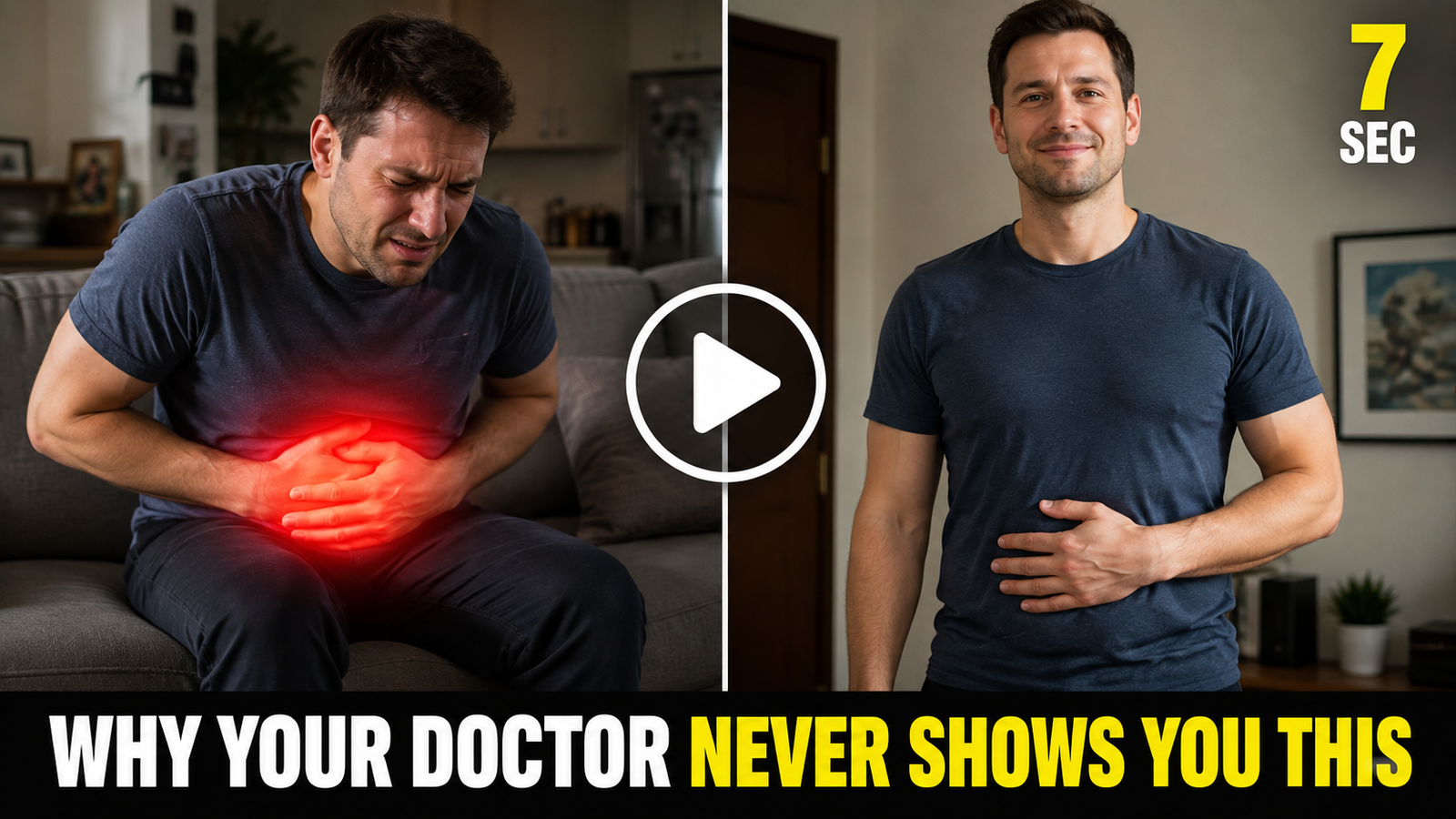 Split image showing person suffering from constipation with red pain highlight and same person relieved with flat stomach after 7-second method